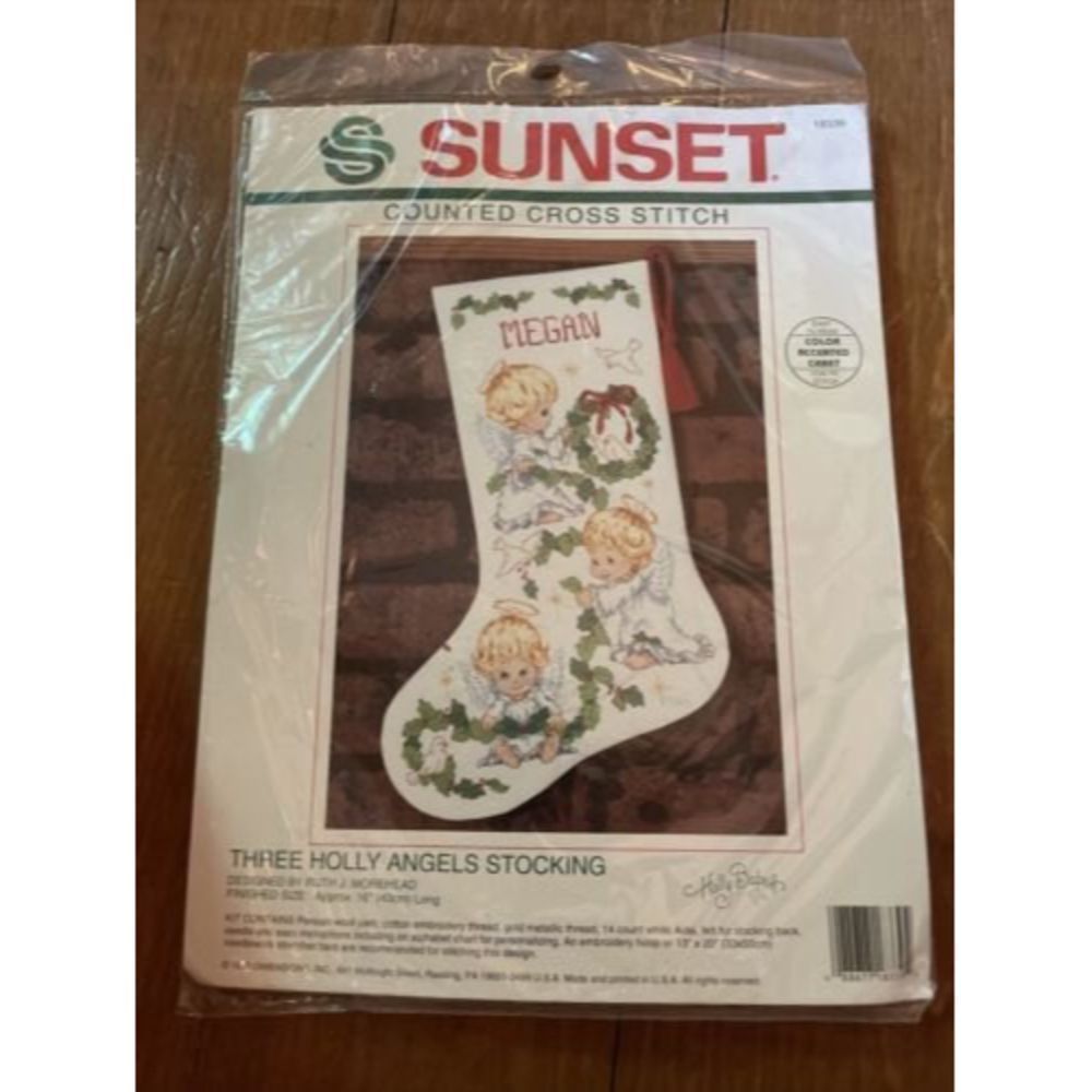 Dimensions/Sunset THREE HOLLY ANGELS STOCKING Cross Stitch Kit Morehead 16"